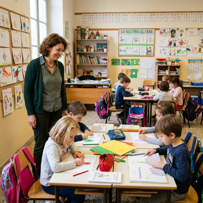 Young students drawing and coloring at a classroom table with a teacher standing nearby