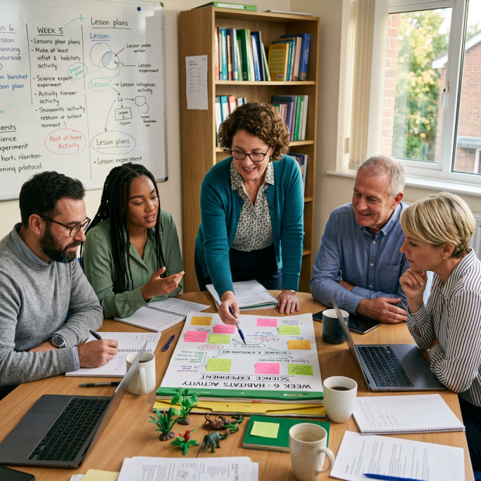 Group of educators discussing lesson plans and activities around a table