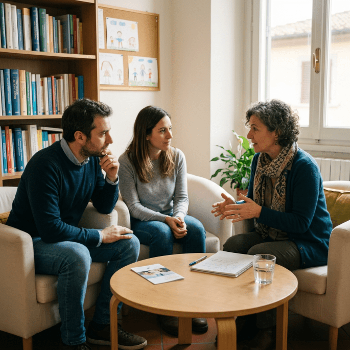 A couple sitting on a couch talking with a therapist in an office setting