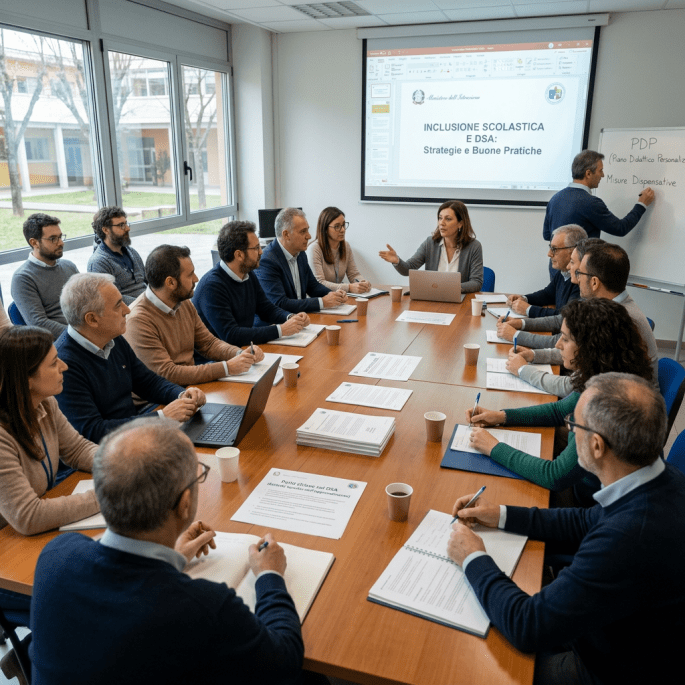 Group of professionals in a meeting room discussing school inclusion strategies with presentation and notes